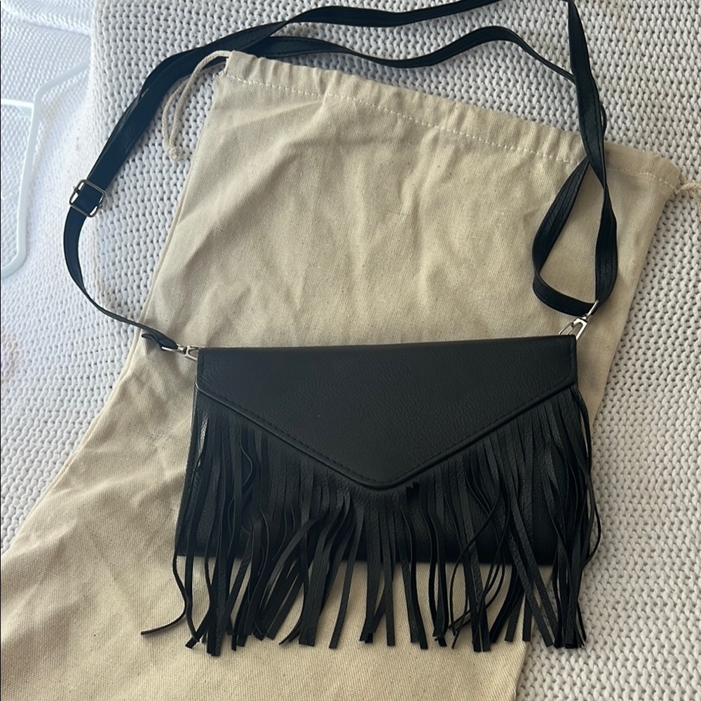 Black Crossbody Bag/ Clutch Adjustable Removable Strap/Fringe/dust bag included